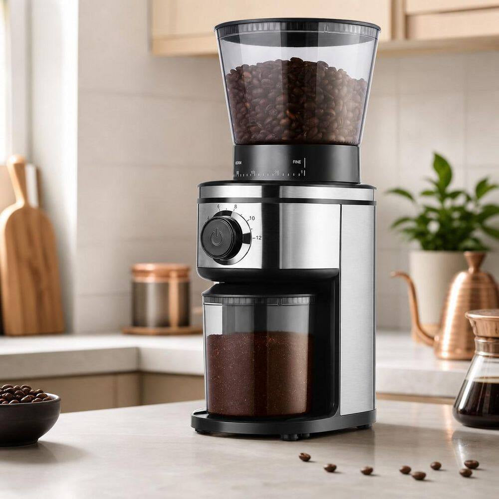 15 Oz. Burr Coffee Grinder, Electric Conical Coffee Bean Grinder with 30 Adjustable Grind Settings for 2-12 Cups, Sliver