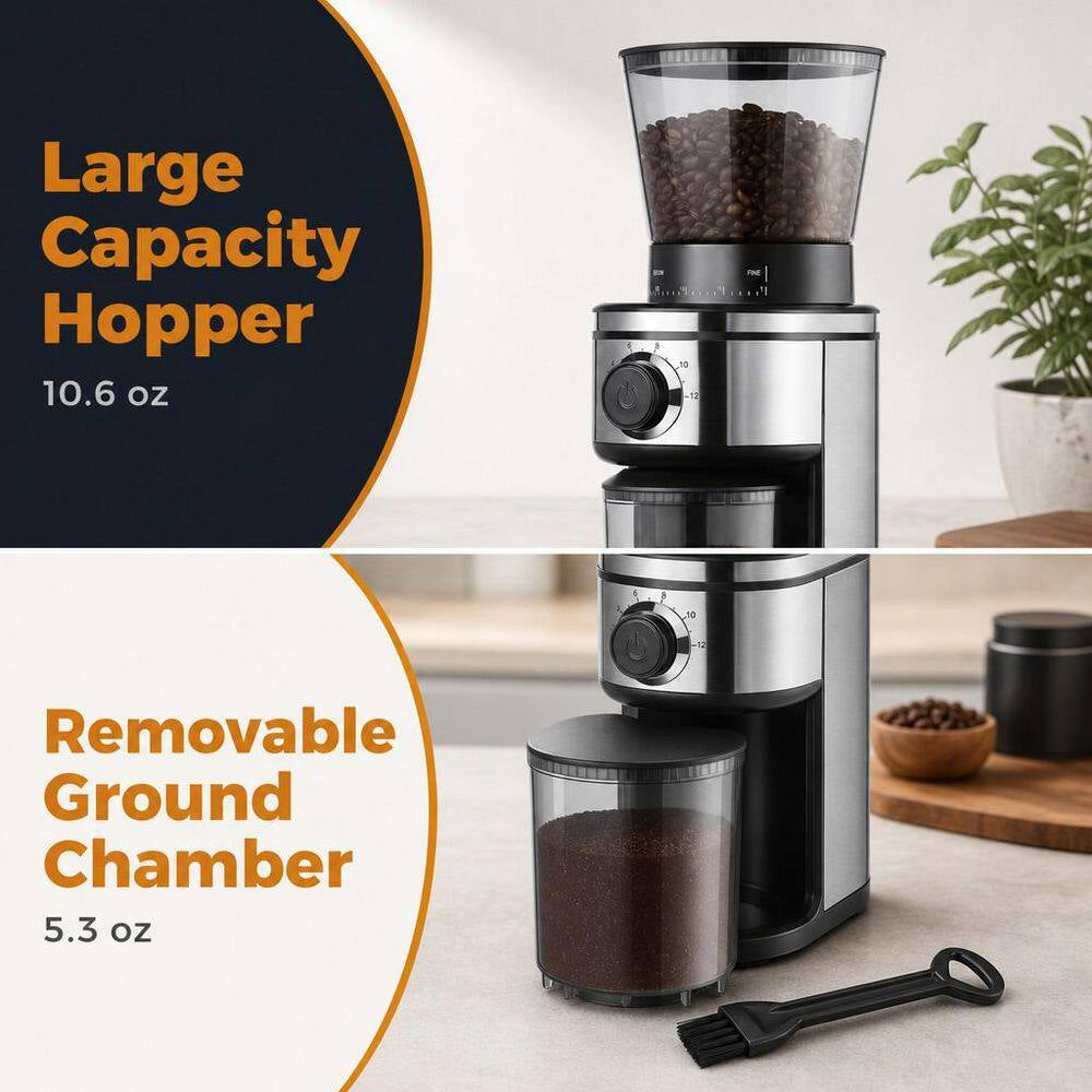 15 Oz. Burr Coffee Grinder, Electric Conical Coffee Bean Grinder with 30 Adjustable Grind Settings for 2-12 Cups, Sliver